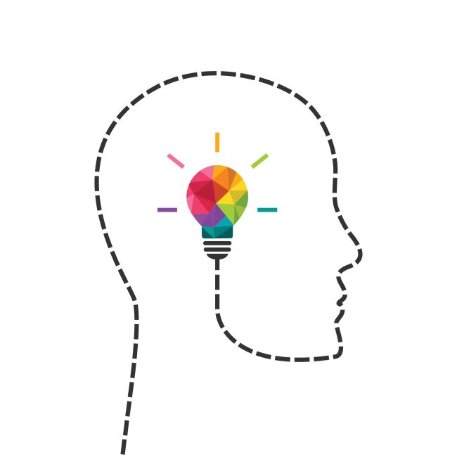 Creative thinking and learning concept with colorful lightbulb and human profile line